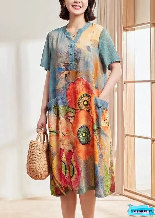 Women Blue Print Pockets Cotton Dresses Short Sleeve