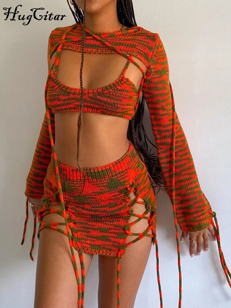Hugcitar Print Knitting Women Long Sleeve Crop Top Drawstring Mini Dress 2 Piece Set 2021 Autumn Y2K Streetwear Outfit Fashion