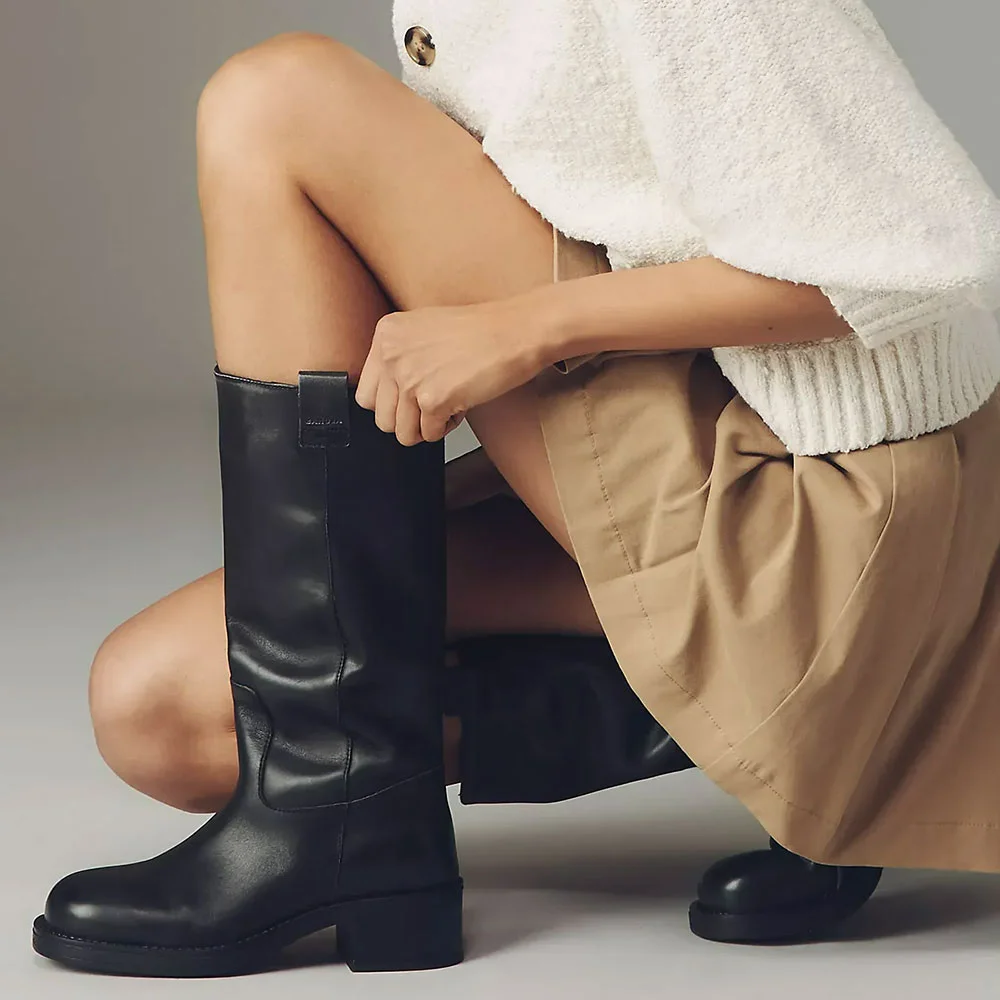 Black Round Toe Chunky Heel Pull On Mid Calf Boots for Women