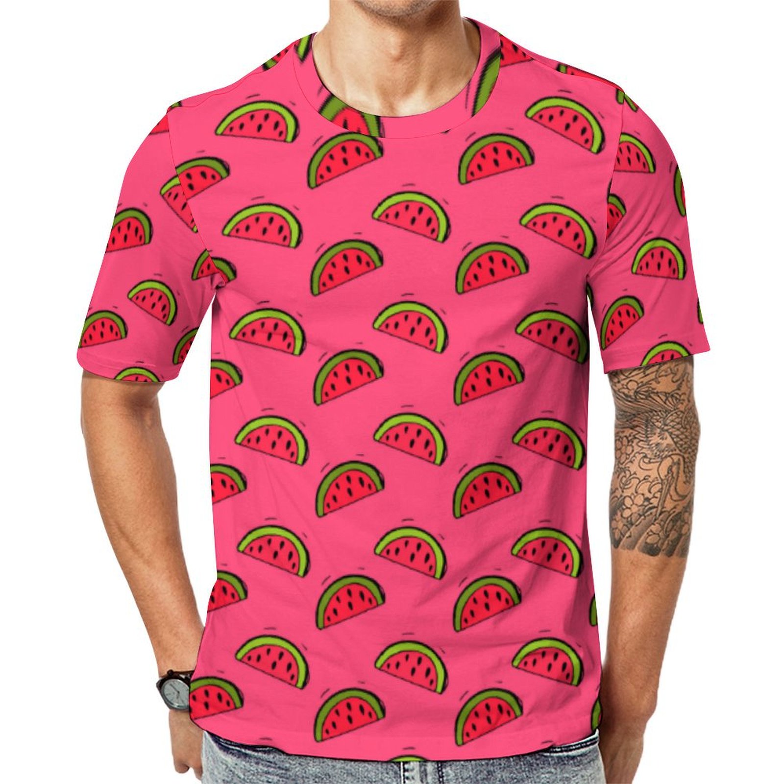 Summer Watermelon On Pink  Short Sleeve Print Unisex Tshirt Summer Casual Tees for Men and Women Coolcoshirts