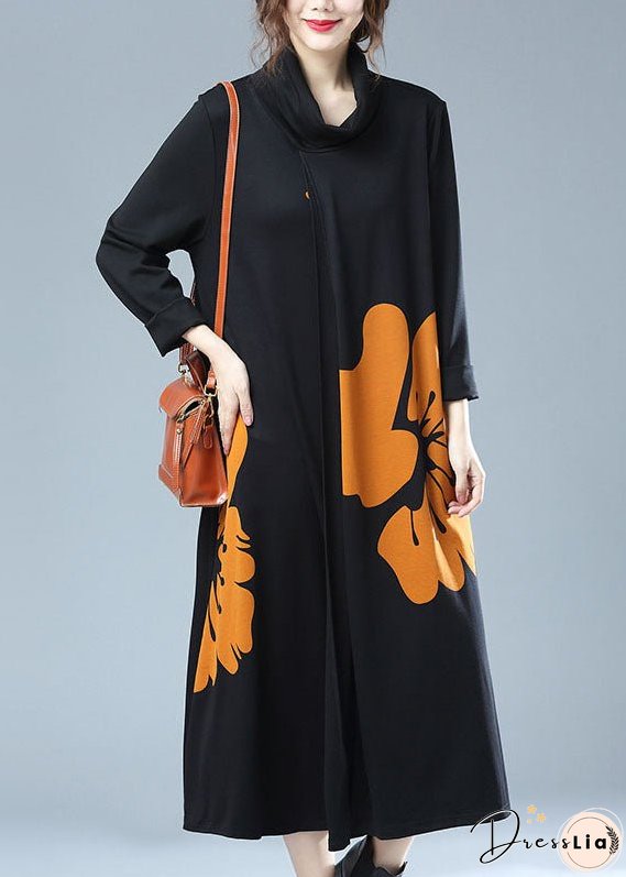 New Yellow Turtleneck Print Patchwork Cotton Long Dresses Fall