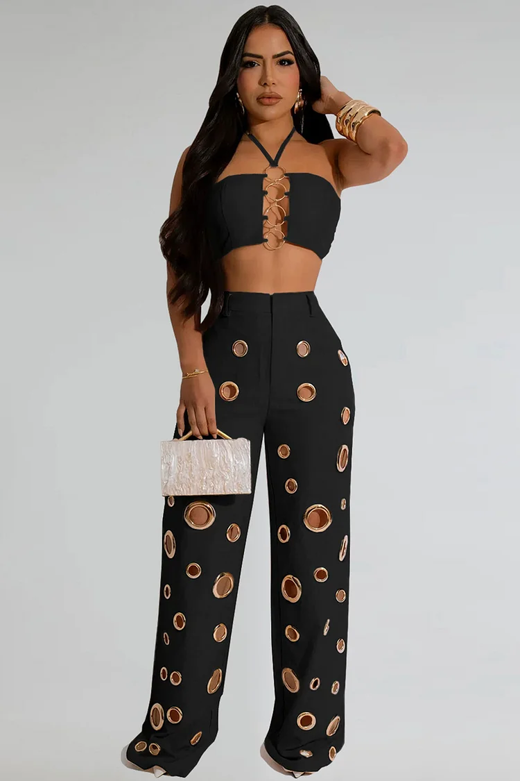 Halter Hollow Out Metal Eyelet Wide Leg Two Piece Pant Suit-Black