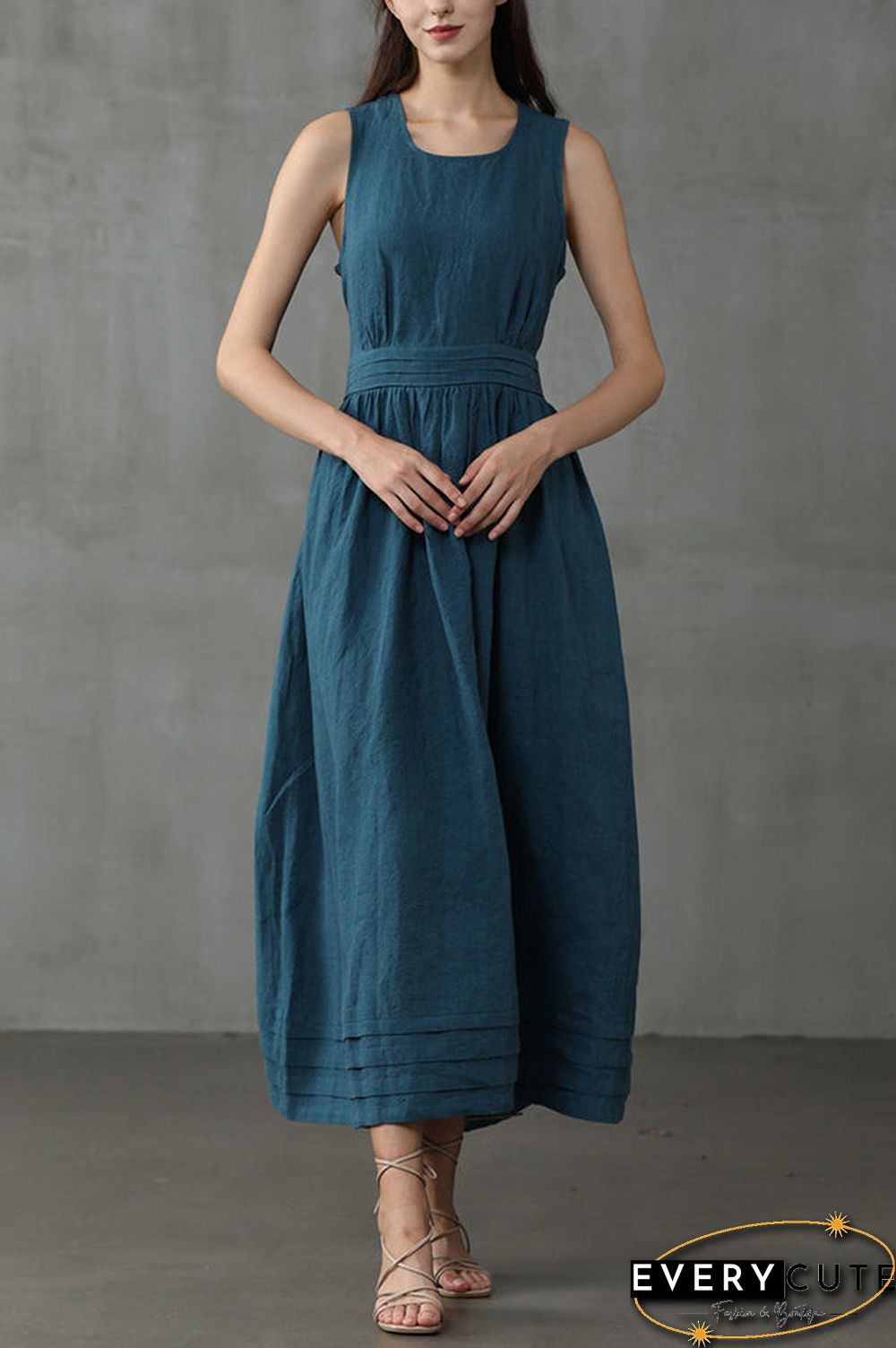 Cross Back O Neck Maxi Linen Dress