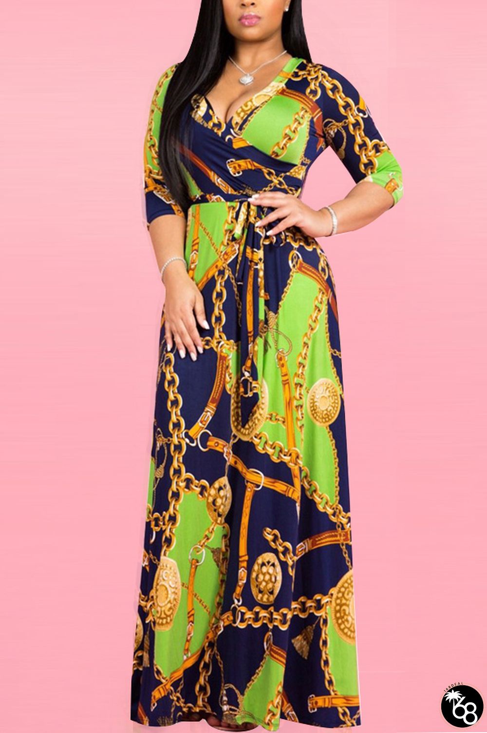 Green Sexy V Neck Knitting Print Dress | 168DEAL