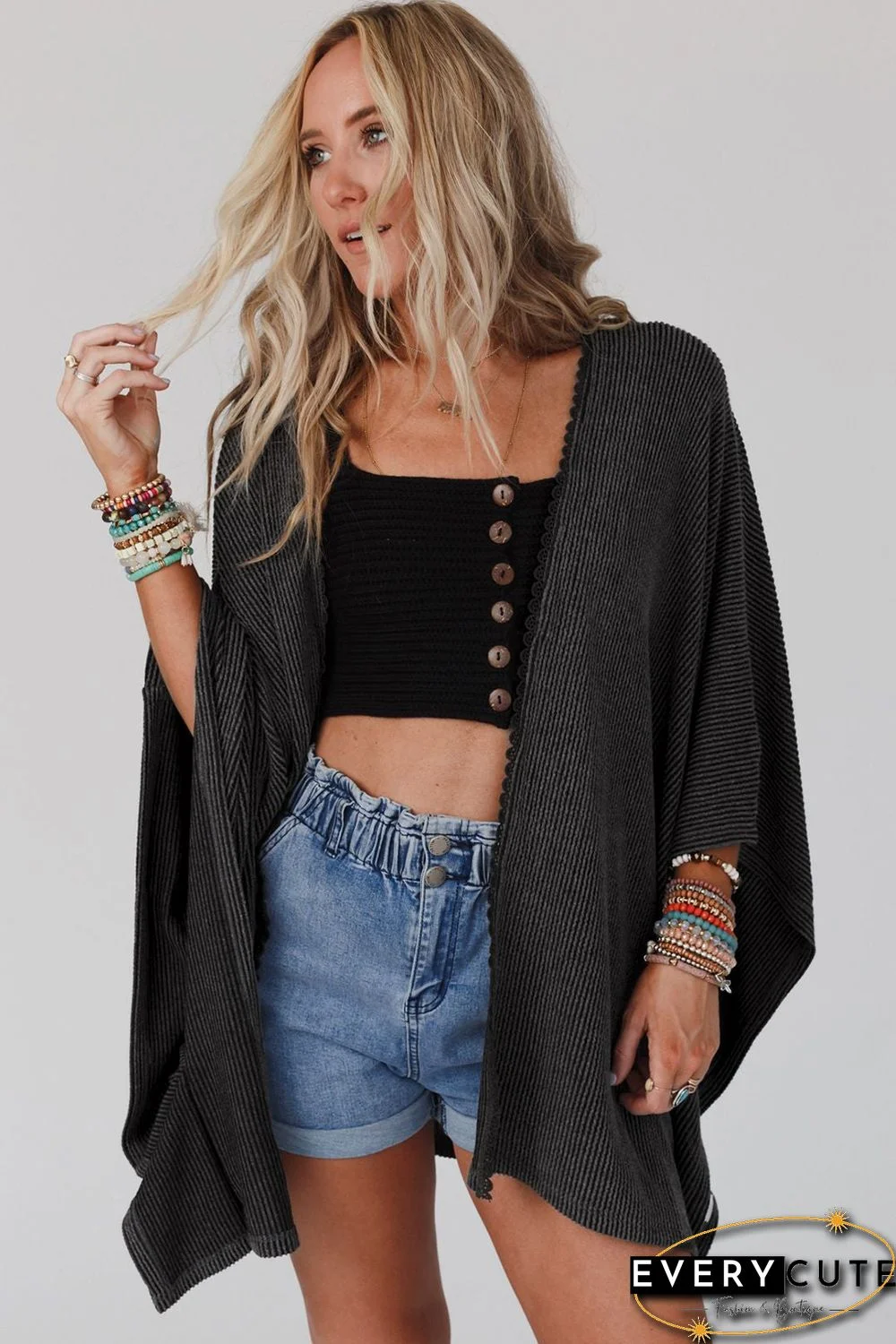 Black Lace Trim Ribbed Oversize Kimono