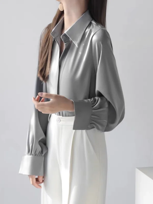 Casual Long Sleeves Loose Solid Color Lapel Collar Blouses&Shirts Tops