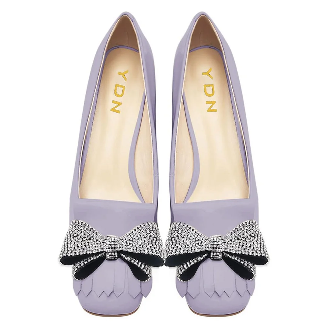 Lavender Square Toe Fringe Block Heel Pumps with Rhinestone Bow