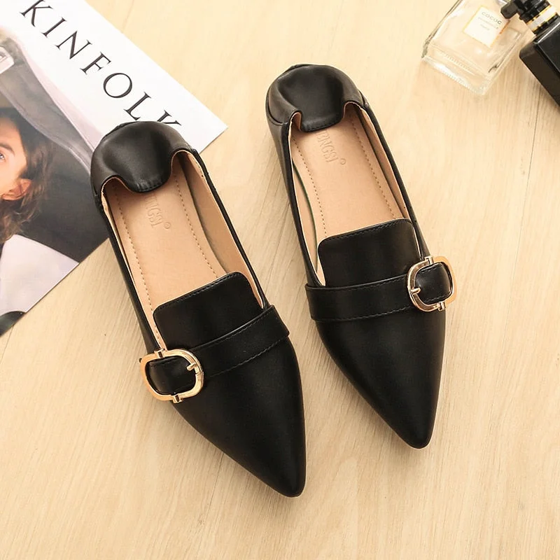 Pointed Toe Flats Womens Metal Buckle Single Shoes Cloth Belt Ballerina Loafers Slip On Lady Office Shoes Dress Leather Creepers