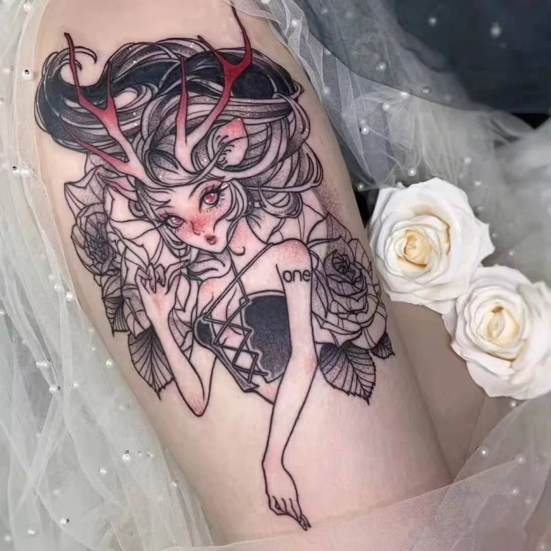Sdrawing Temporary Tattoo Sticker Anime Cartoon Cute Pink Hair Girl Flower Necklace Fake Tatto Flash Tatoo Art for Women Men
