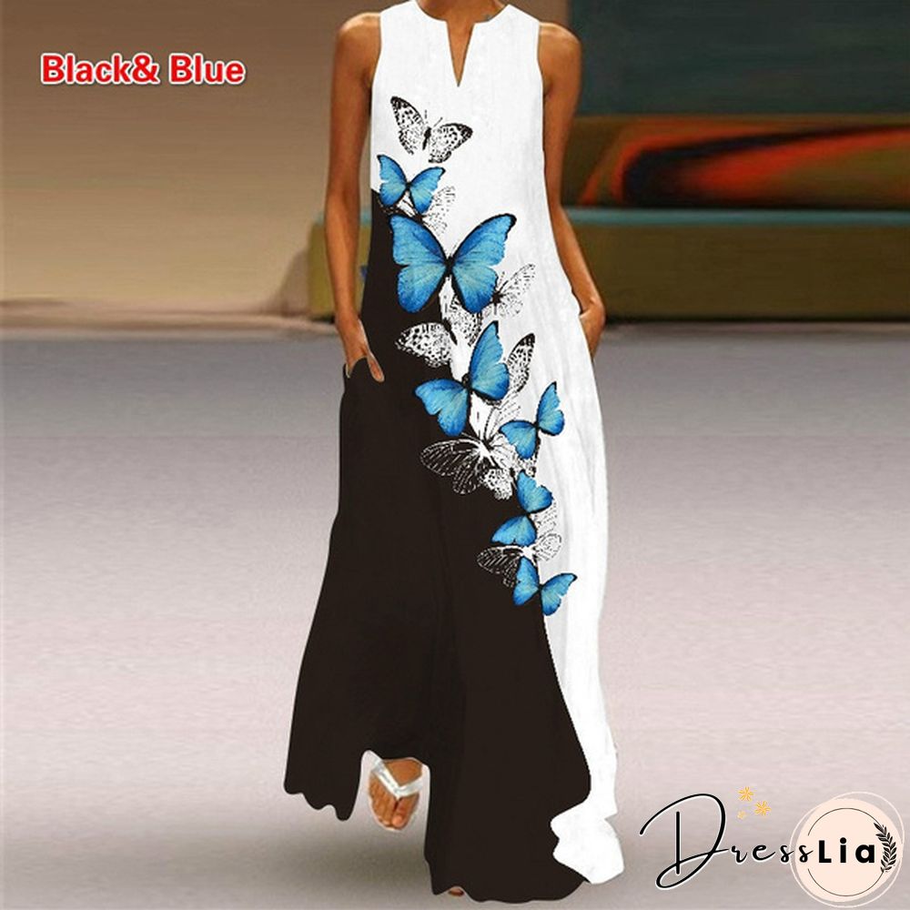 Butterfly Print Loose Beach Maxi Dress Summer Womens Fashion Sleeveless V-neck Boho Dress