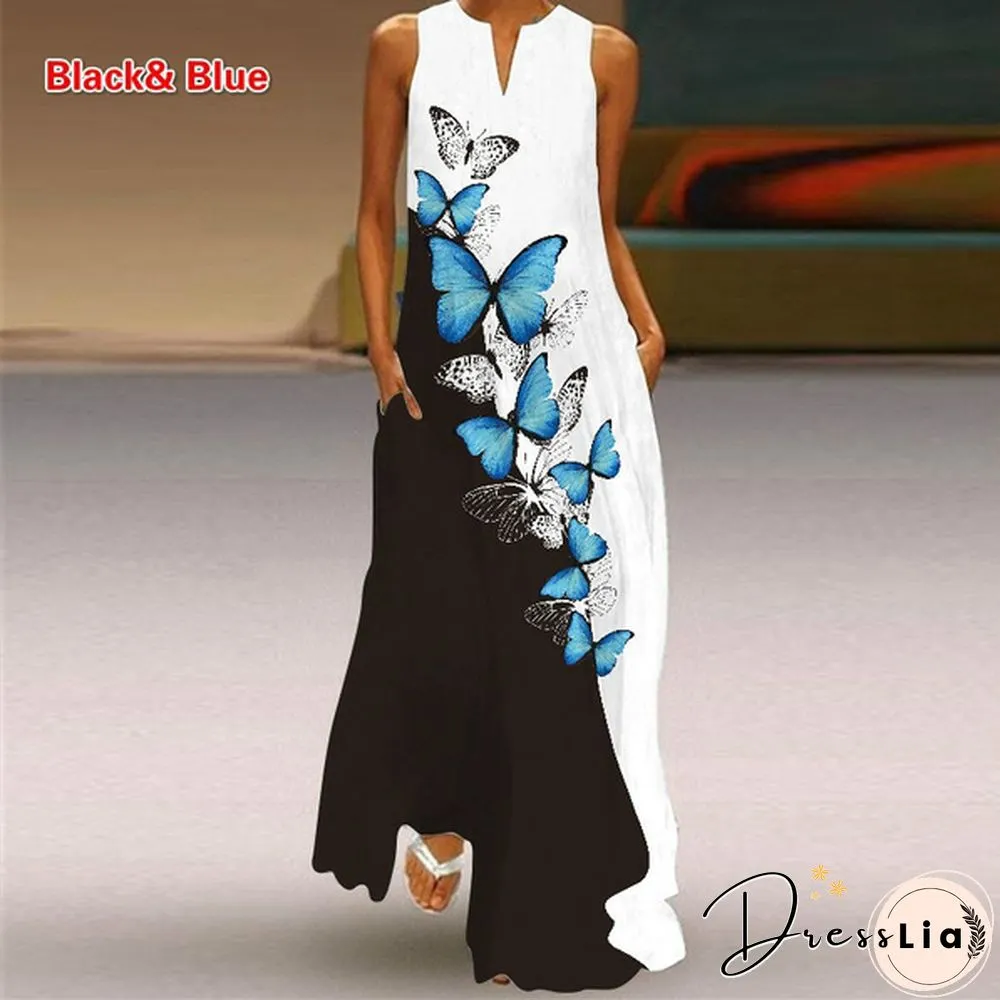 Butterfly Print Loose Beach Maxi Dress Summer Womens Fashion Sleeveless V-neck Boho Dress