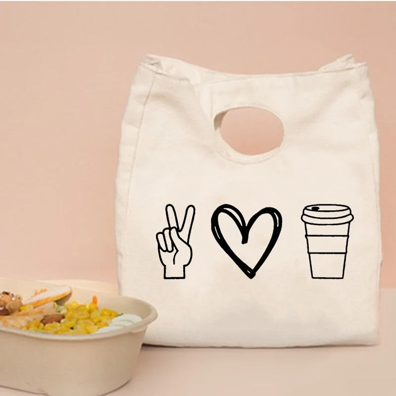 Peace Love Coffee Print Functional Cooler Lunch Box Portable Insulated Canvas Lunch Bags Thermal Food Picnic Tote for Women Kids