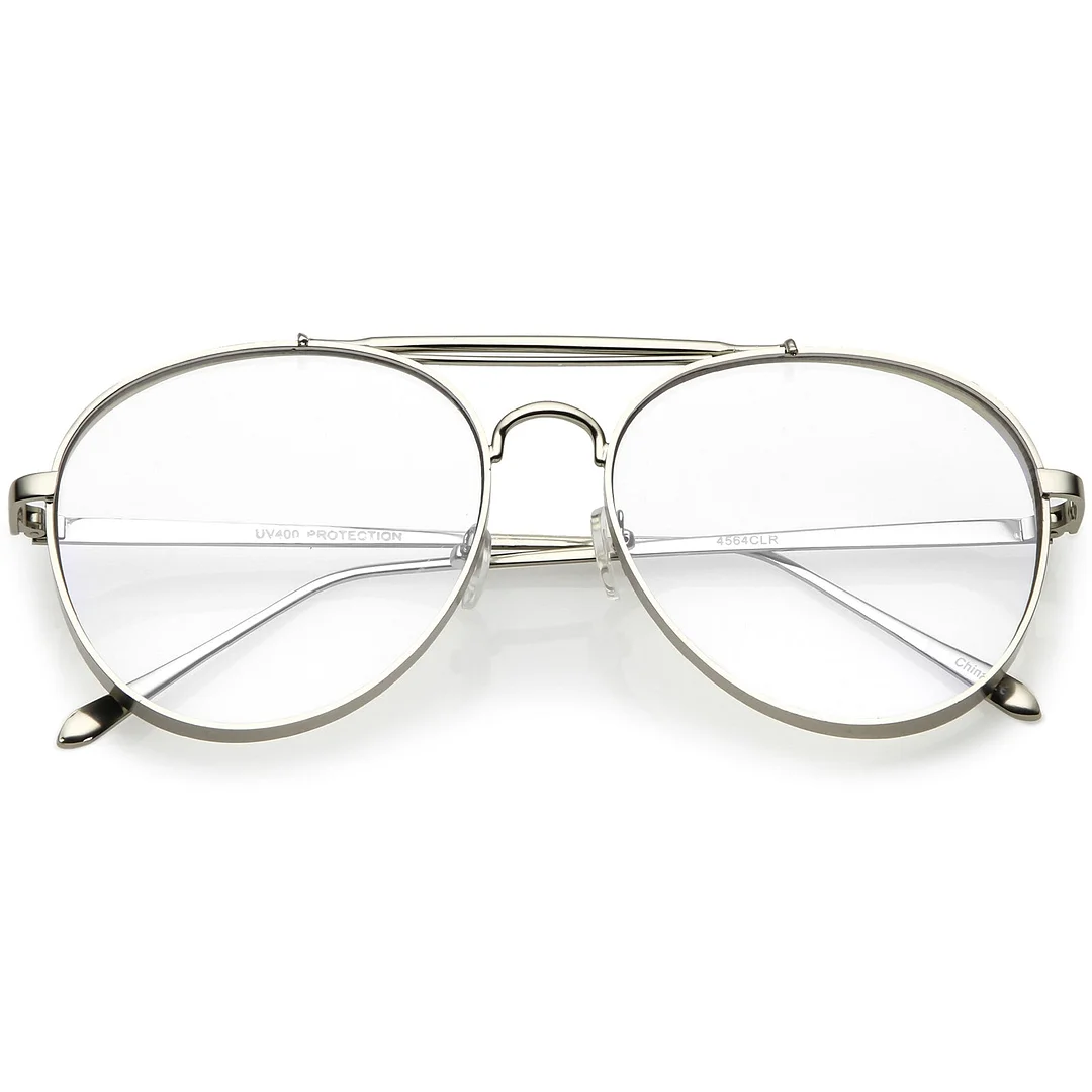Oversize Metal Aviator Eyeglasses With Triple Crossbar Side Cover Clear Flat Lens 60mm