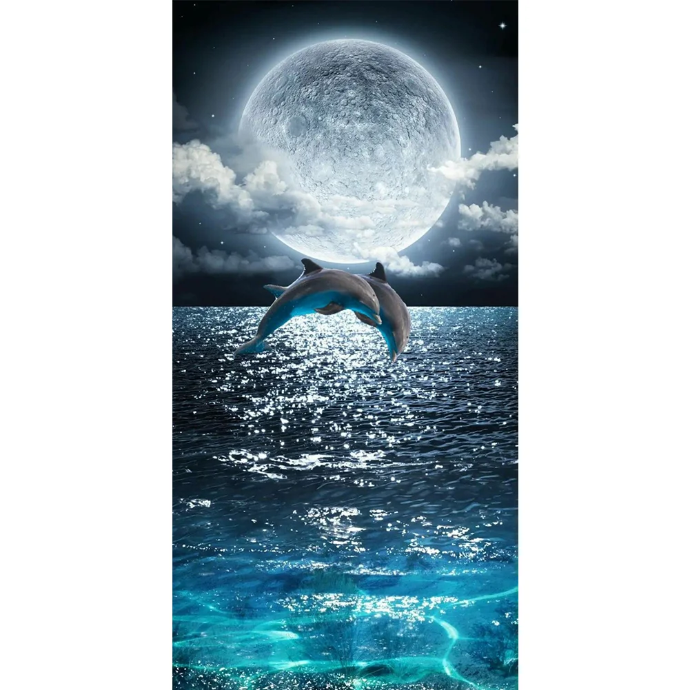 Big Size Round Diamond Painting - Dolphin Moon (80*40cm)