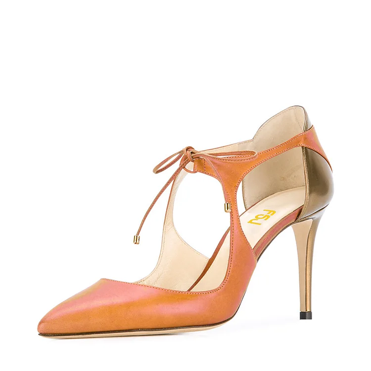 Women's Orange Pointed Toe Stiletto Lace-up Heels Sandals |FSJ Shoes