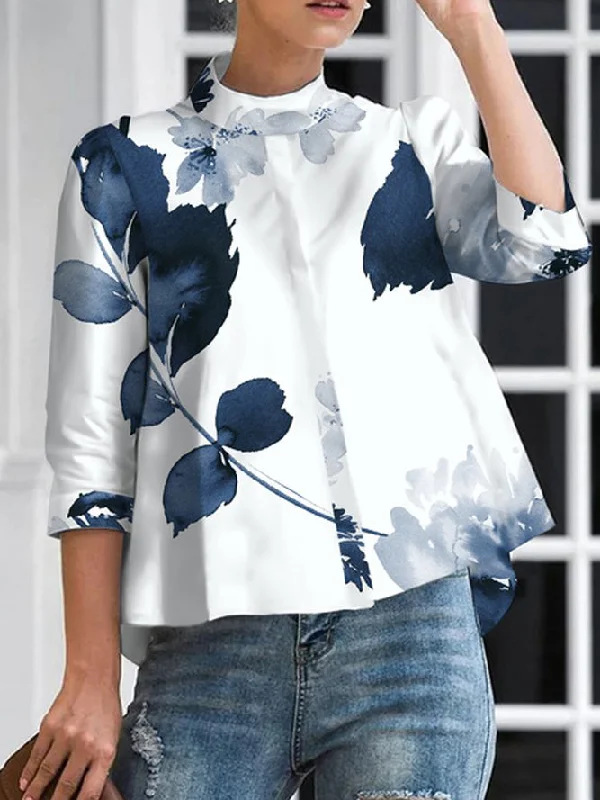 Three-Quarter Sleeves Floral Printed Stand Collar Blouses&Shirts Tops