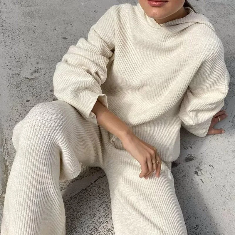 Summer Knitted Sweat Suits Women Matching Sets Long Sleeve Hoodie+wide-legged Pants Loungewear Sweater Set Two Piece Outfits