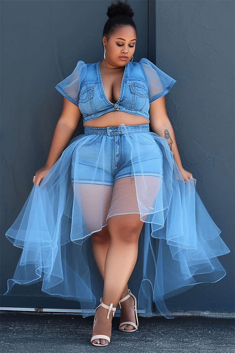 Xpluswear Design Plus Size Daily Light Blue V Neck Short Sleeve See Through Denim Two Piece Short Set With Tulle Skirt