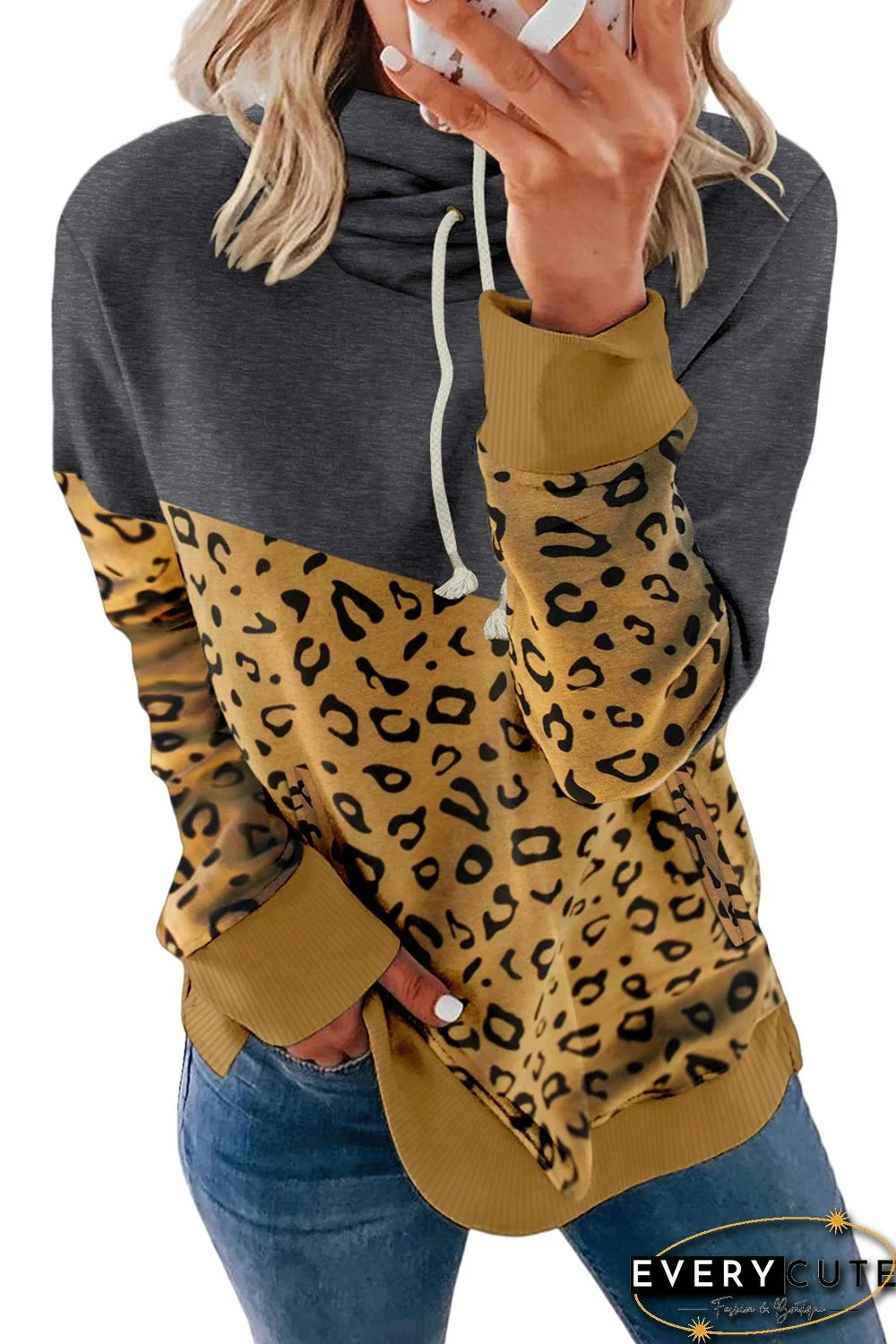 Leopard Colorblock Cowl Neck Hoodie