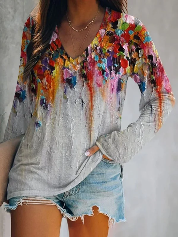 Color Oil Painting Print Color Block V-Neck Long Sleeve T-Shirt