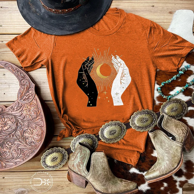   Hands and moon printed women's fashion t-shirt designer - Neojana