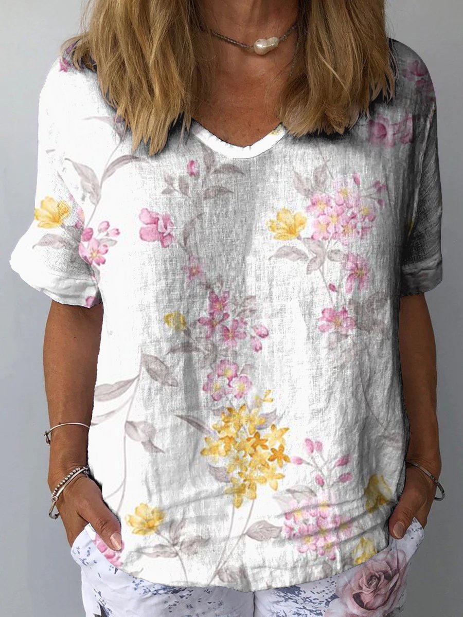 Yellow and Pink Flowers Women's Print Casual Cotton And Linen Shirt