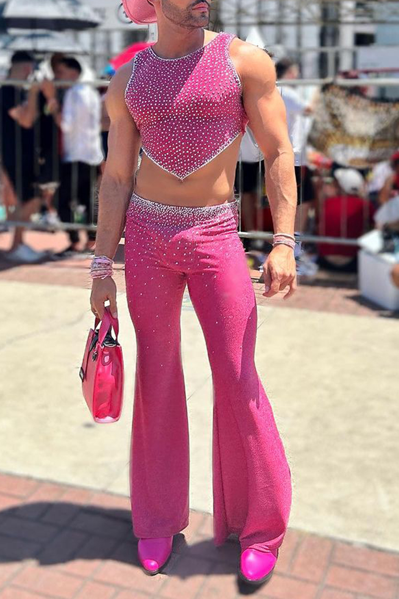 Rhinestone Crop Tank Top Flared Pants Festival Hot Pink Two Piece Set