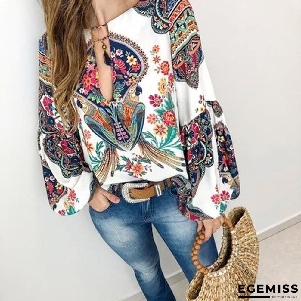 5XL Boho Floral Print Lantern Sleeve Shirt Sexy Lace-up Tassel O Neck Women Tops Blouse | EGEMISS