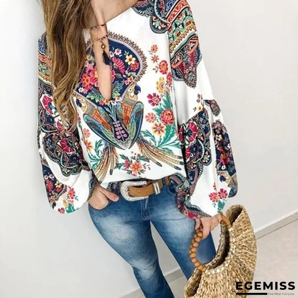 5XL Boho Floral Print Lantern Sleeve Shirt Sexy Lace-up Tassel O Neck Women Tops Blouse | EGEMISS