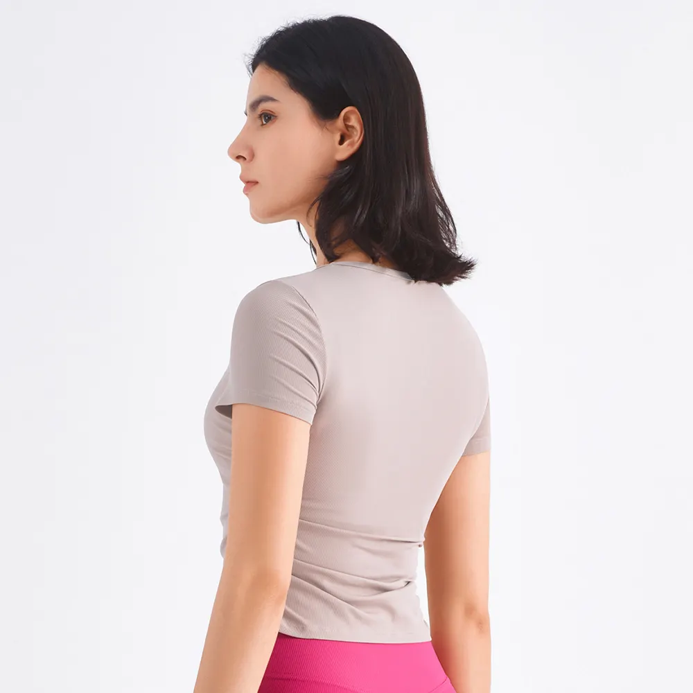 Buy different colors and types of quick dry ruched side short sleeve comfortable cool workout gym t shirt on Hergymclothing
