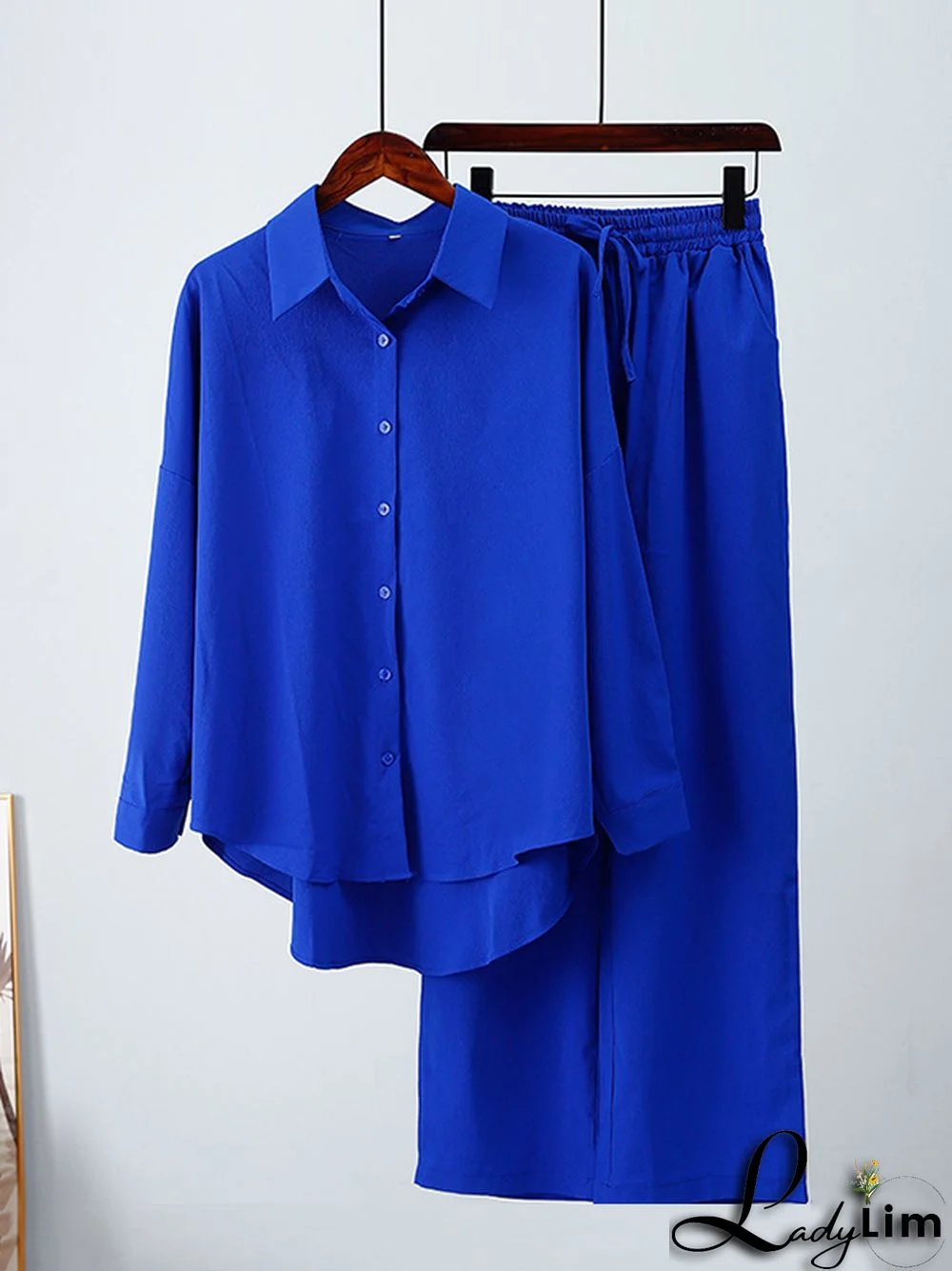 Solid Color High-Low Long Sleeves Lapel Blouses + Drawstring Pants Two Pieces Set