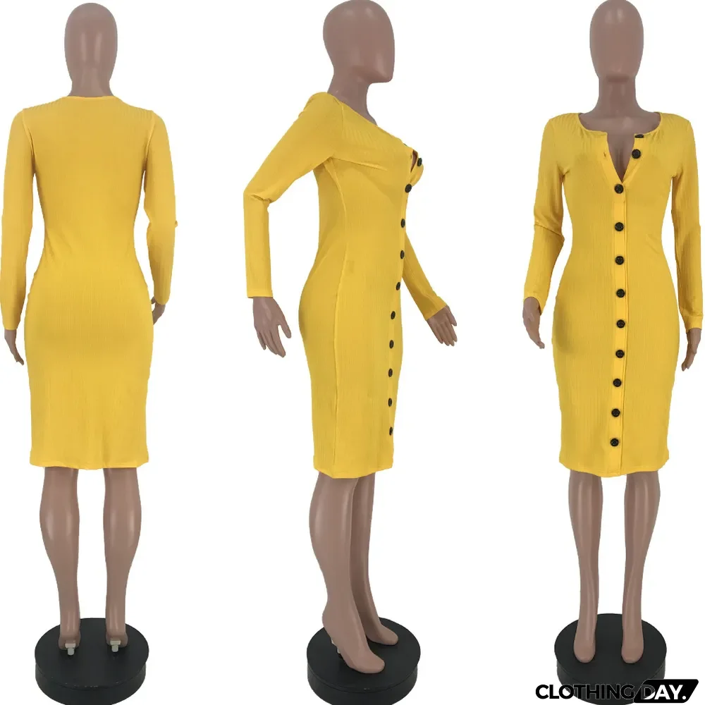 Solid Color Pit-strip Button Dress