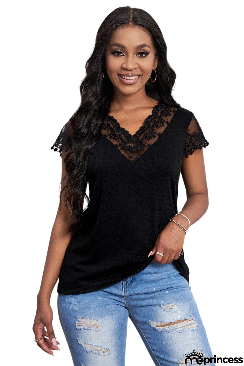 Lace V Neck Short Sleeves Top
