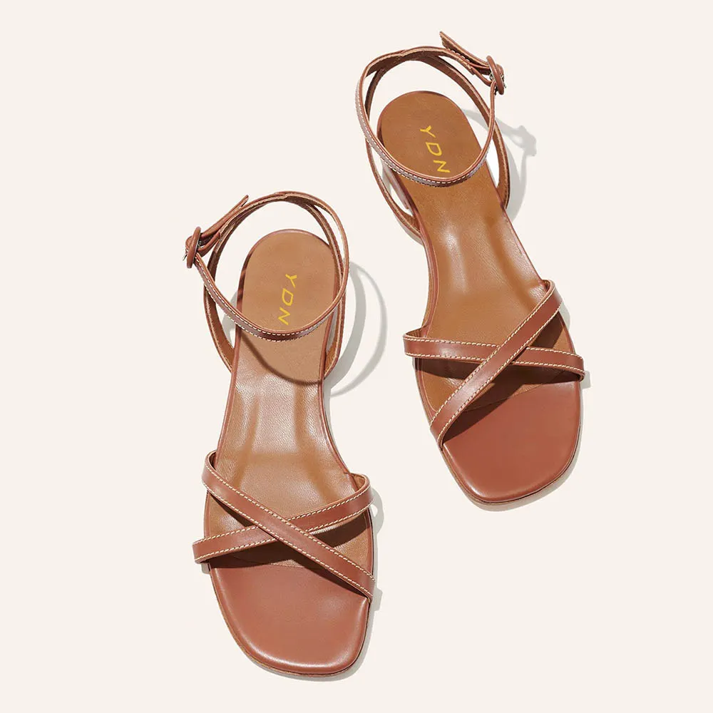 Brown Vegan Leather Ankle Strap Open Square Toe Flat Summer Sandals