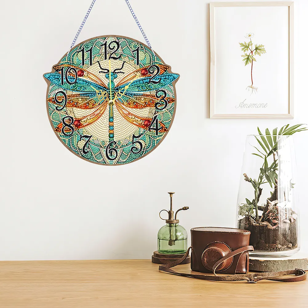 DIY Dragonfly Single-Side Wooden Special Shaped Diamond Painting Clock Art Craft Decor