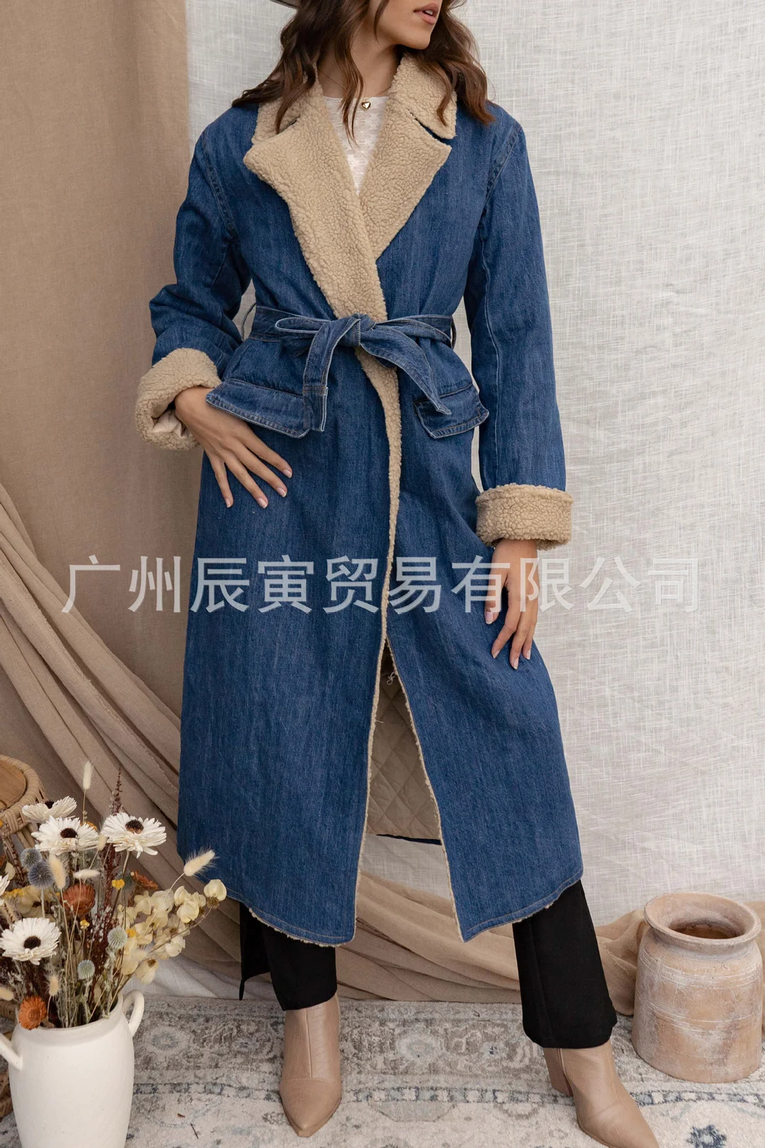 Toloer The Ins Autumn Winter Elegant Ladies Coat Lambkin Lapel Quilted Lined Lace Double Pocket Denim Trench Coat-Outfit Ideas