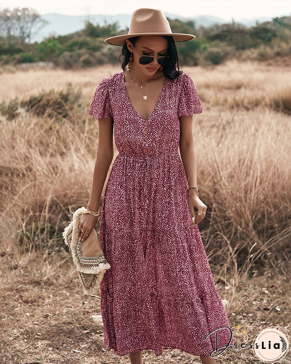 Polka Dot V Neck Side Split Button Up Midi Dress