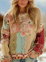 Women's Vintage Rose Floral Chunky Knit Warm Crew Neck Sweater