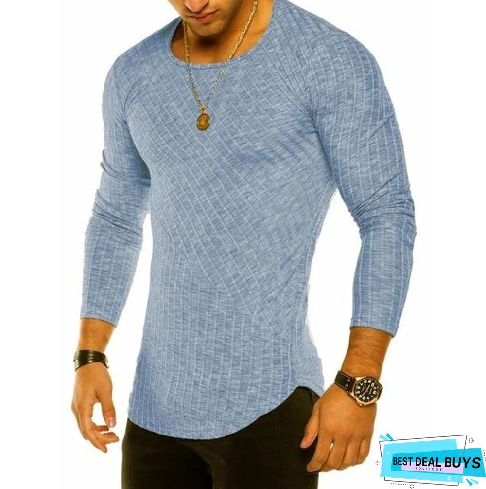 Men Long Sleeve T-Shirt Casual Round Neck Striped Elastic Fit Funny Streetwear Solid T-Shirt Hip Hop Tops