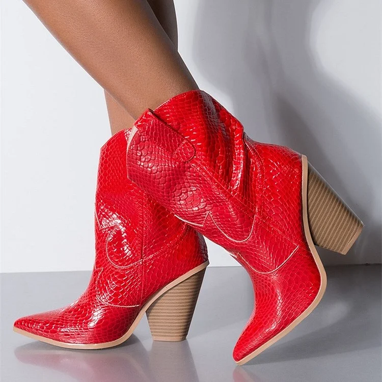 red snakeskin ankle boots