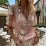 Women's Vintage Floral Art Print V-neck Short Sleeve T-shirt - Image 2