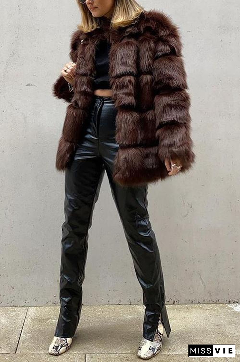 Layer O Neck Faux Fur Coat