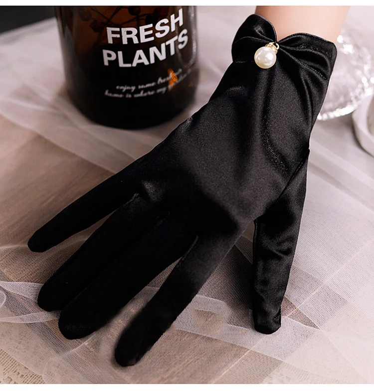 Black Satin Short Pearl Gloves