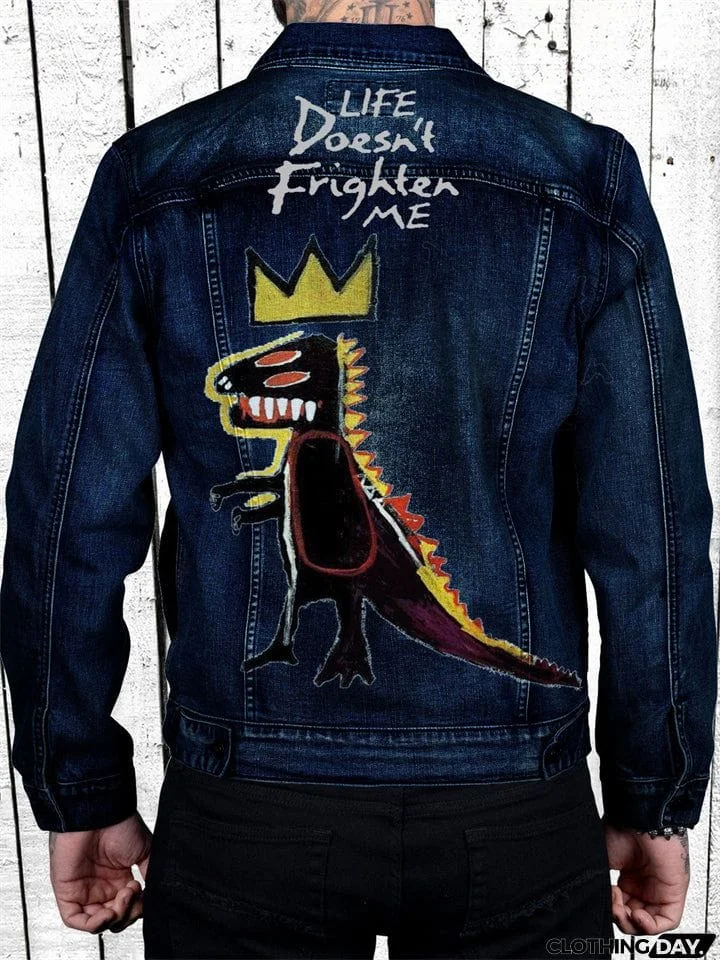 Stylish Crown Dinosaur Print Denim Jacket for Men