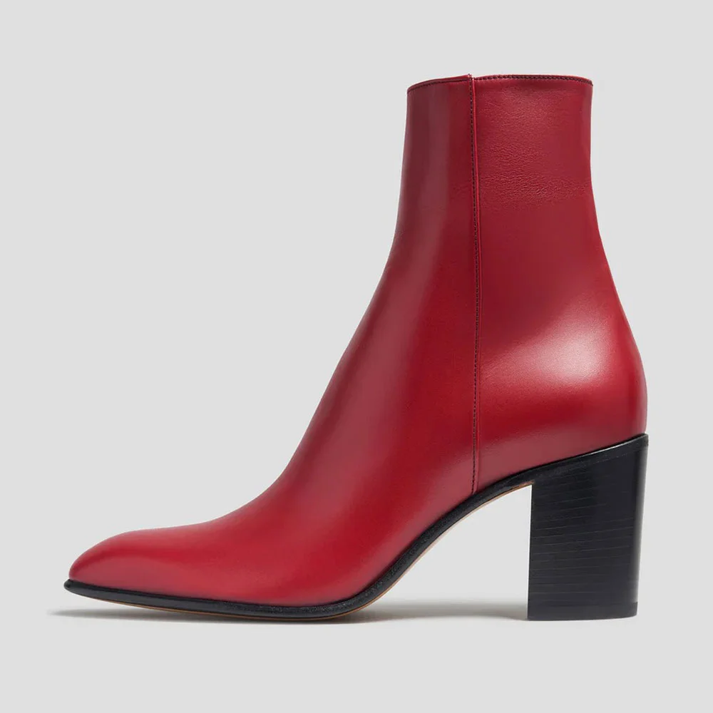 Women's Red Almond Toe Chunky High Heel Ankle Boots with Zipper