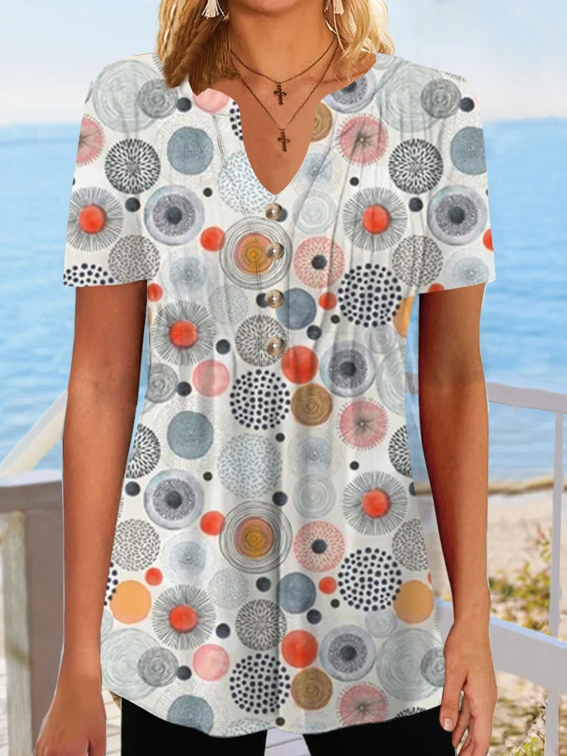 Women Short Sleeve V-neck Graphic Printed Buttons Tops