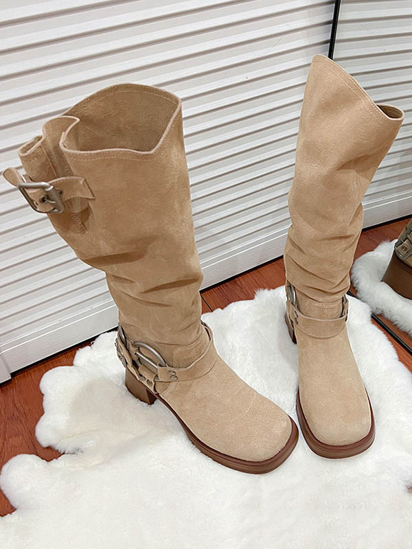 Buckle Round-Toe Split-Joint Velvet Boots Pumps