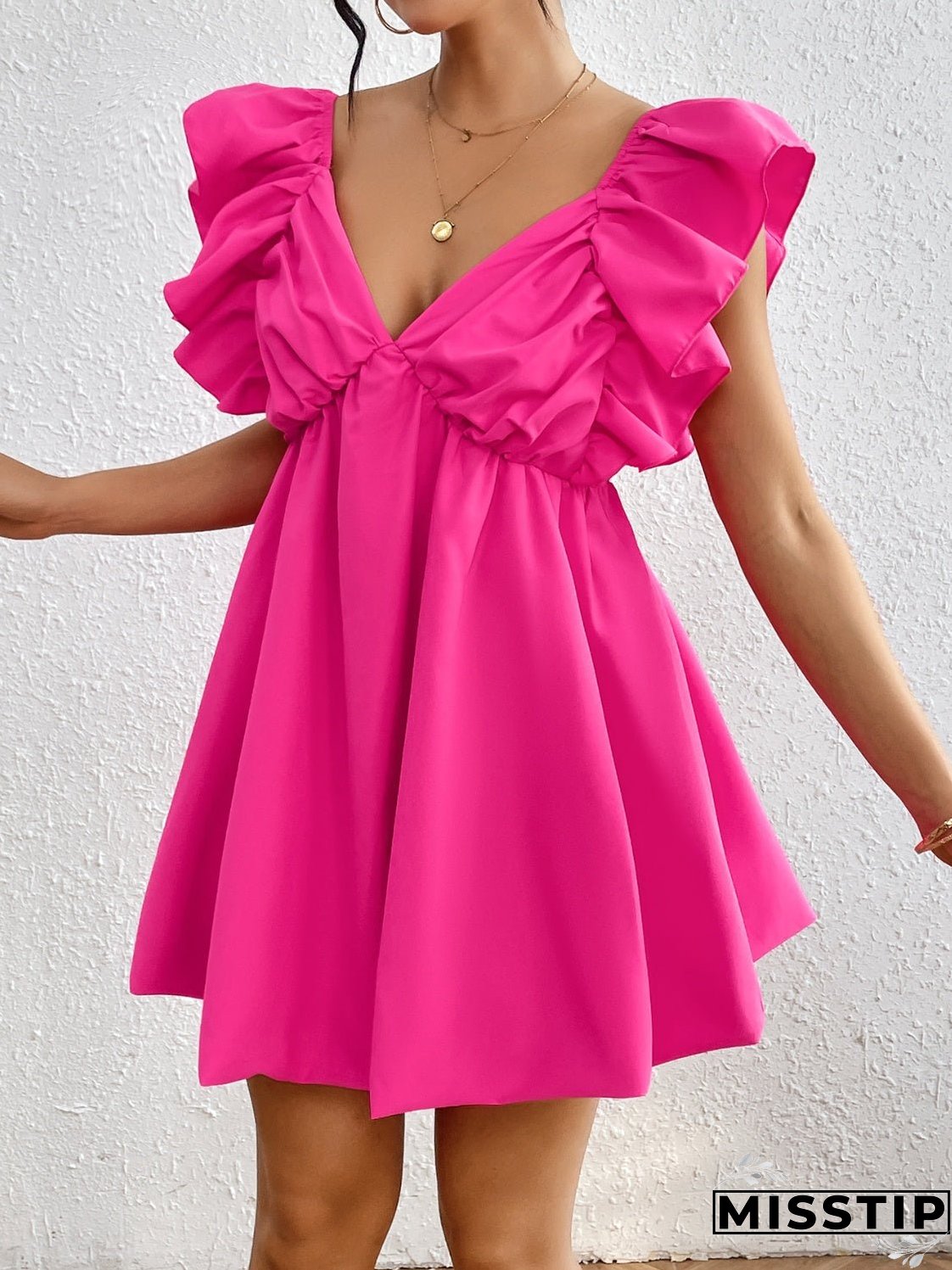 Ruffled V-Neck Cap Sleeve Mini Dress