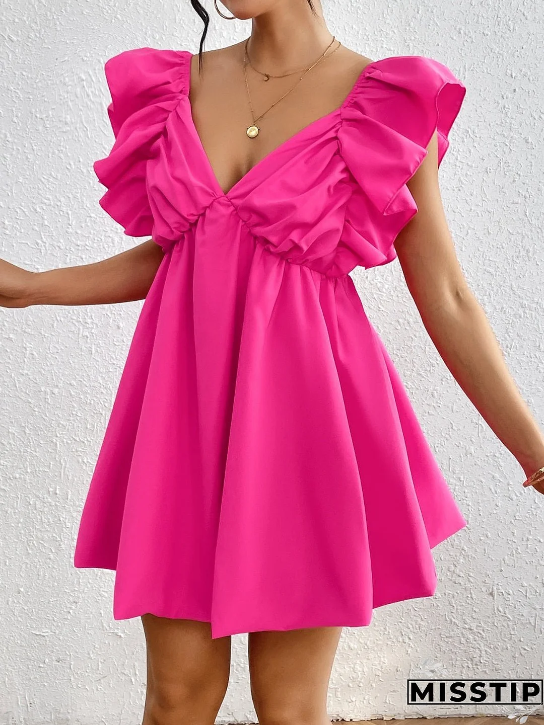 Ruffled V-Neck Cap Sleeve Mini Dress