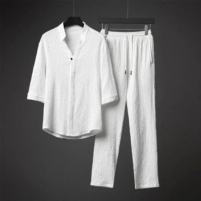 Men's Solid Half Sleeve Blouse & Pocket Drawstring Pants 2Pcs Set